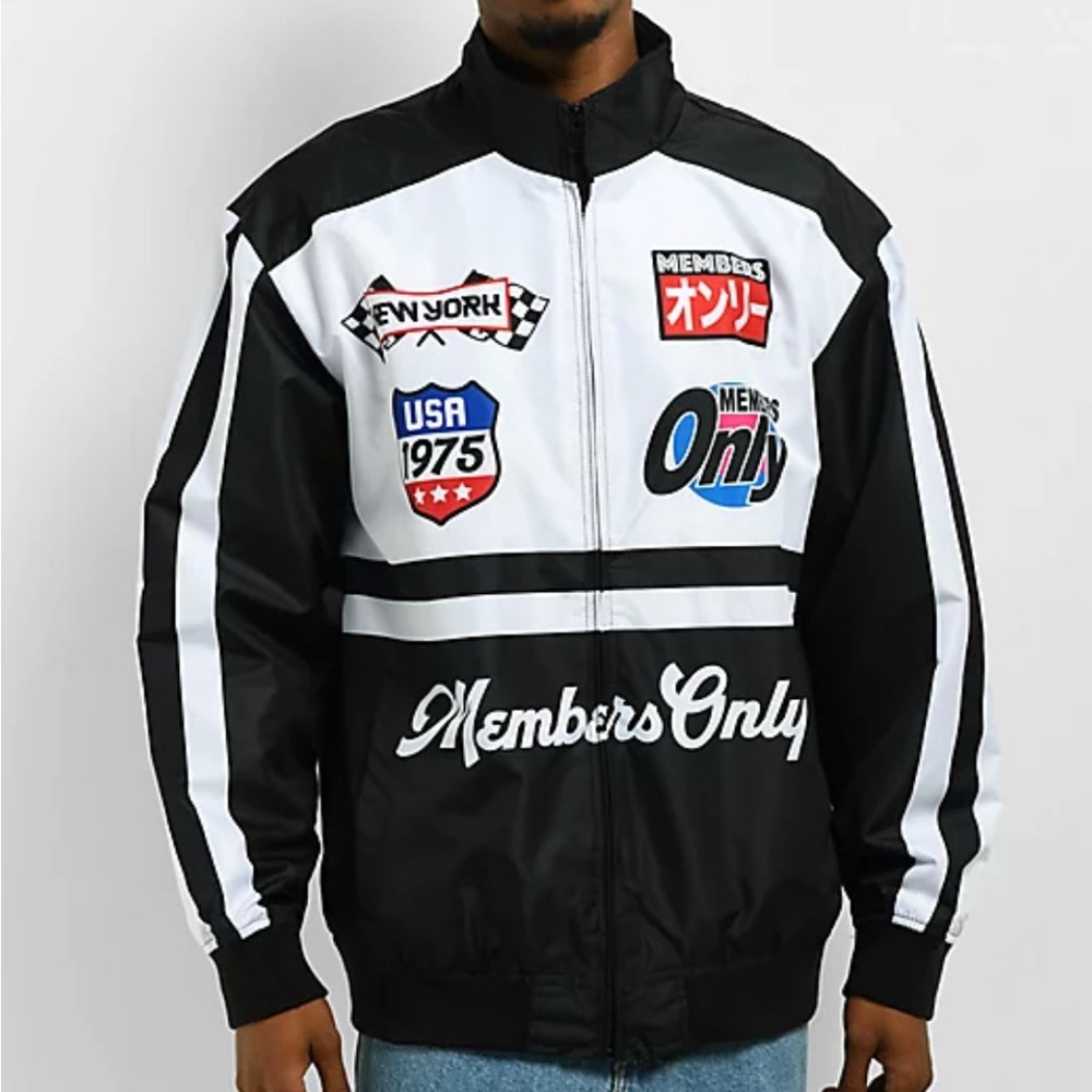 NWT Members Only szL Black and White Men's Racing Team Zip up windbreaker Jacket